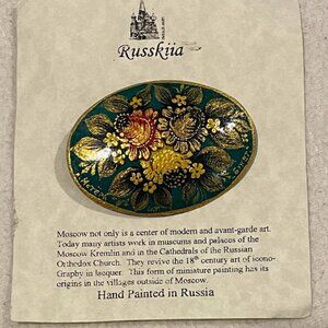 Hand-painted Russian Lacquer Floral Brooch